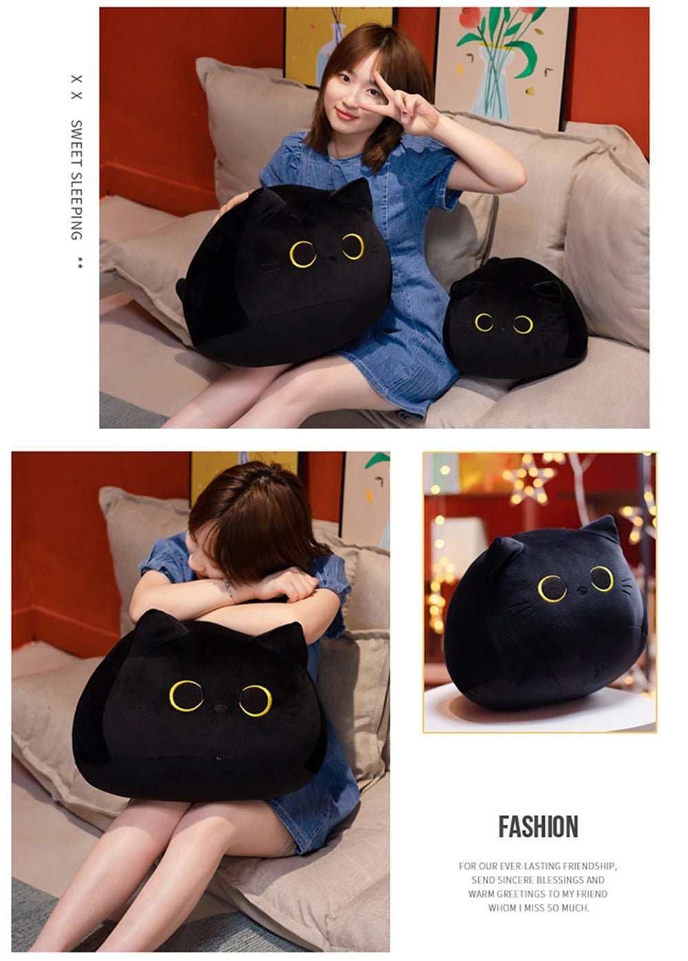 25cm Kawaii Black Cat Plush Toy Soft Stuffed Animal Pillow Black Cat Plush Doll Baby Toys Plushie Christmas Gift for Kids Girls - Deems