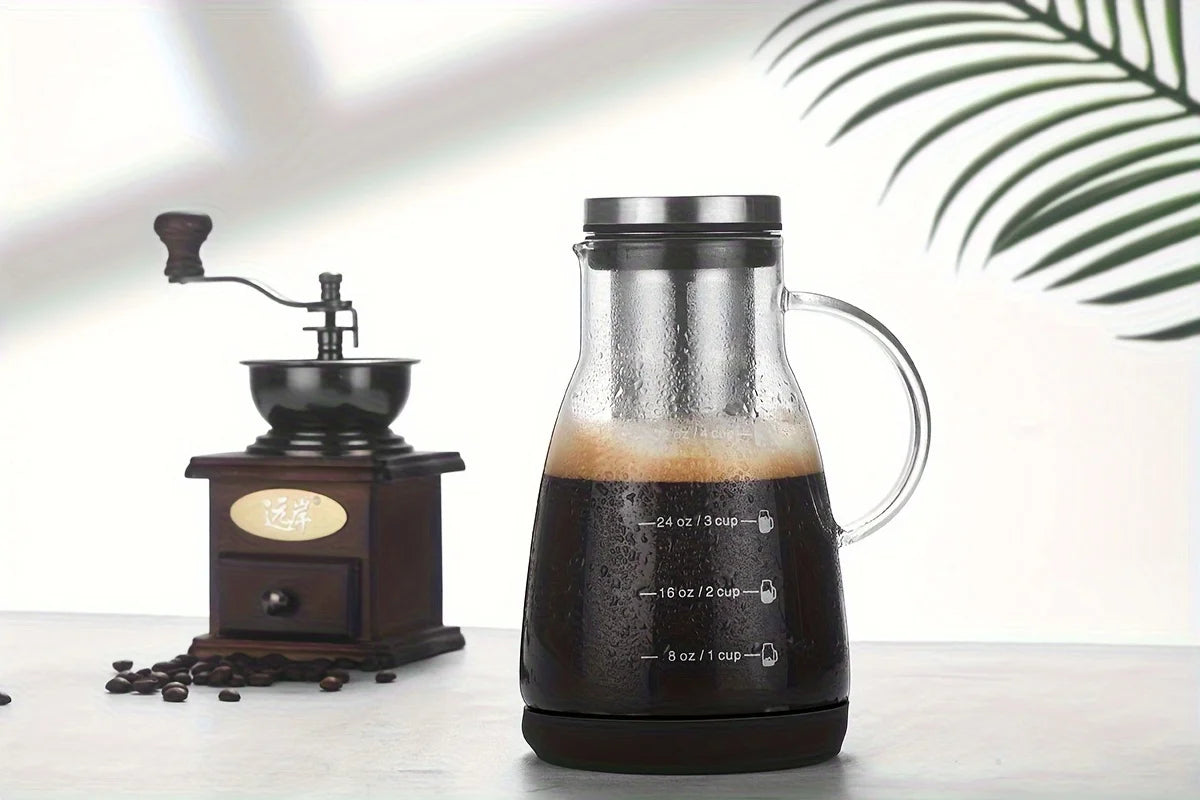 24oz Classic Glass Cold Brew Coffee Pitcher, Manual Pour-over Iced Coffee Maker, No-Electricity Glass Jug for Juice and Tea