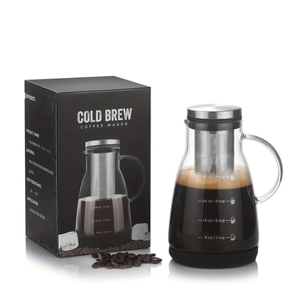 24oz Classic Glass Cold Brew Coffee Pitcher, Manual Pour-over Iced Coffee Maker, No-Electricity Glass Jug for Juice and Tea
