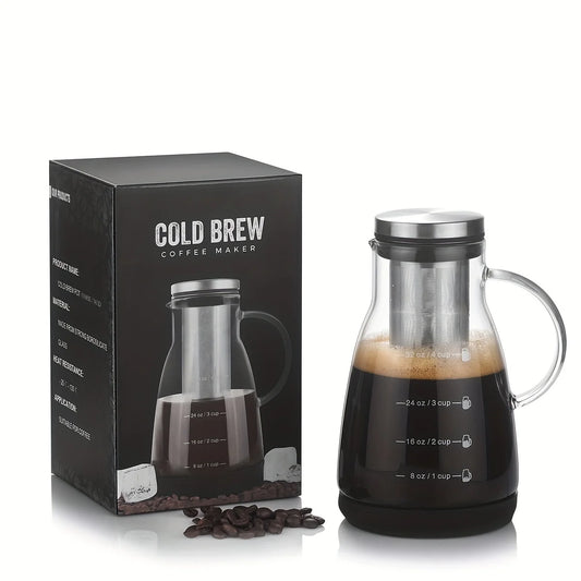 24oz Classic Glass Cold Brew Coffee Pitcher, Manual Pour-over Iced Coffee Maker, No-Electricity Glass Jug for Juice and Tea