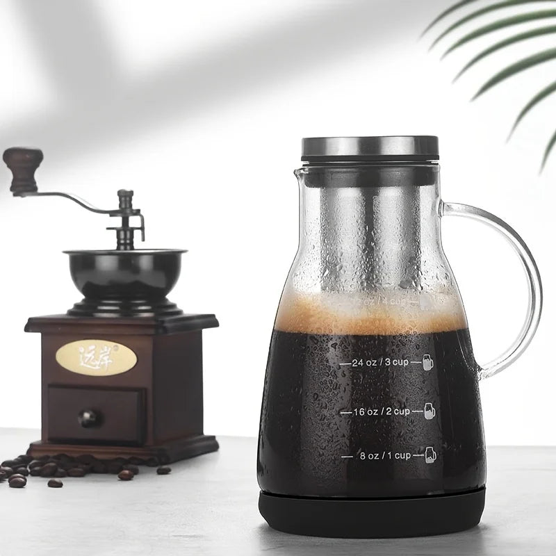 24oz Classic Glass Cold Brew Coffee Pitcher, Manual Pour-over Iced Coffee Maker, No-Electricity Glass Jug for Juice and Tea