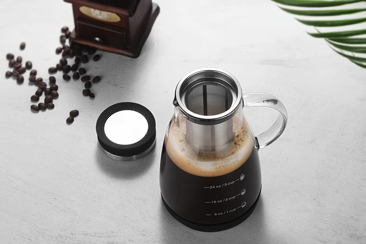 24oz Classic Glass Cold Brew Coffee Pitcher, Manual Pour-over Iced Coffee Maker, No-Electricity Glass Jug for Juice and Tea