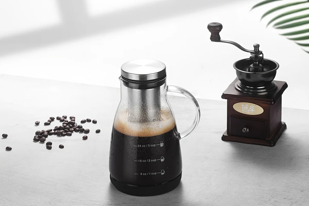 24oz Classic Glass Cold Brew Coffee Pitcher, Manual Pour-over Iced Coffee Maker, No-Electricity Glass Jug for Juice and Tea