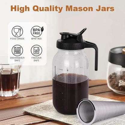 Glass Mason Jar Pitcher with Lid Wide Mouth,32/64oz Cold Brew Coffee Pot Water Bottle Iced Tea Dispenser,Beverage Glass Bottle