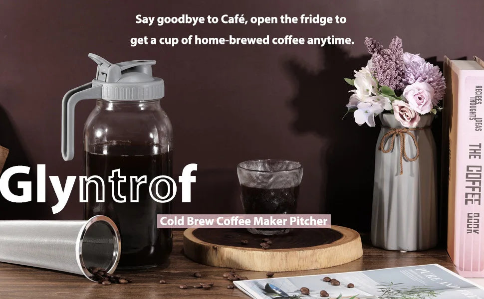 Glass Mason Jar Pitcher with Lid Wide Mouth,32/64oz Cold Brew Coffee Pot Water Bottle Iced Tea Dispenser,Beverage Glass Bottle