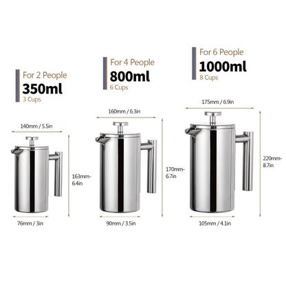 French Press Pot Filter Press Hand-made Coffee Pot Stainless Steel High Quality Double Walled Insulated 350ml/800ml/1000ml