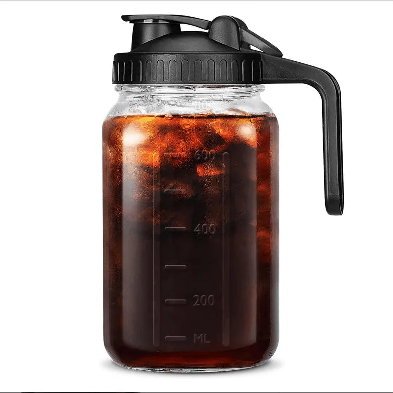 Glass Mason Jar Pitcher with Lid Wide Mouth,32/64oz Cold Brew Coffee Pot Water Bottle Iced Tea Dispenser,Beverage Glass Bottle