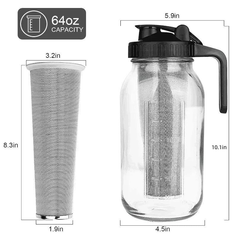 Glass Mason Jar Pitcher with Lid Wide Mouth,32/64oz Cold Brew Coffee Pot Water Bottle Iced Tea Dispenser,Beverage Glass Bottle