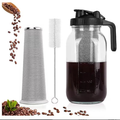 Glass Mason Jar Pitcher with Lid Wide Mouth,32/64oz Cold Brew Coffee Pot Water Bottle Iced Tea Dispenser,Beverage Glass Bottle