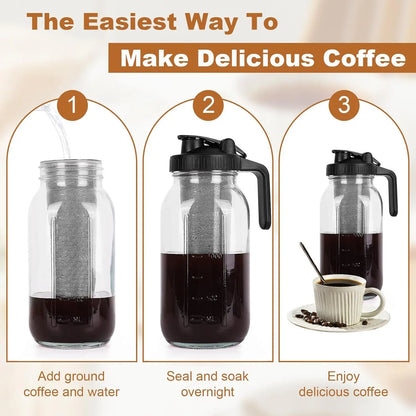 Glass Mason Jar Pitcher with Lid Wide Mouth,32/64oz Cold Brew Coffee Pot Water Bottle Iced Tea Dispenser,Beverage Glass Bottle
