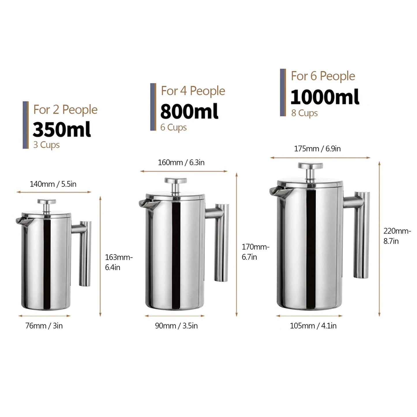 French Press Pot Filter Press Hand - made Coffee Pot Stainless Steel High Quality Double Walled Insulated 350ml/800ml/1000ml - Deems