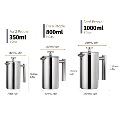 French Press Pot Filter Press Hand - made Coffee Pot Stainless Steel High Quality Double Walled Insulated 350ml/800ml/1000ml - Deems