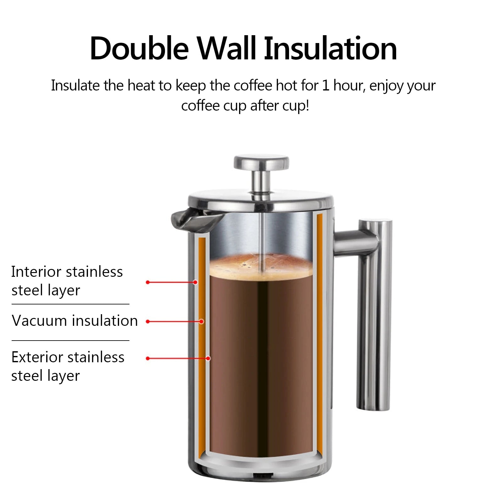 French Press Pot Filter Press Hand - made Coffee Pot Stainless Steel High Quality Double Walled Insulated 350ml/800ml/1000ml - Deems