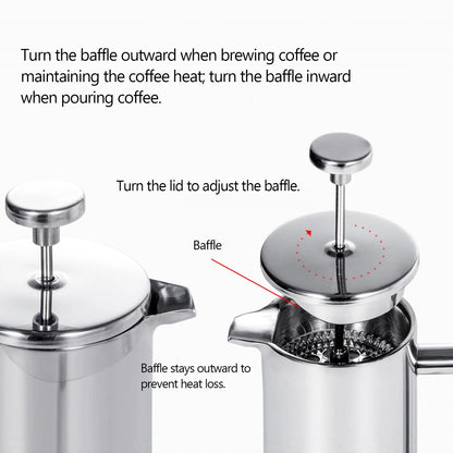 French Press Pot Filter Press Hand - made Coffee Pot Stainless Steel High Quality Double Walled Insulated 350ml/800ml/1000ml - Deems
