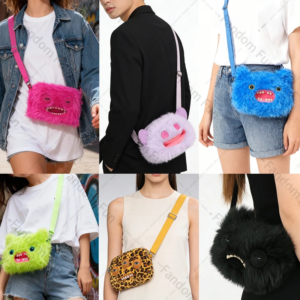 Fuggler Original Plush Shoulder Bag Wide Eyed Weirdo Screech Ugly Tooth Monster Big Head Crossbody Furry Backpack Birthday Gift - Deems
