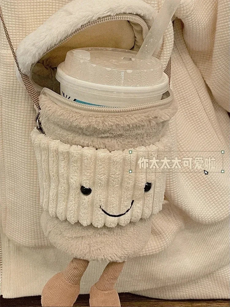 Replica Cartoon Coffee Milk Tea Bag Interesting Pendant Plush Toy Keychain Dolls Accompanying Cups Crossbody Plush Bags - Deems